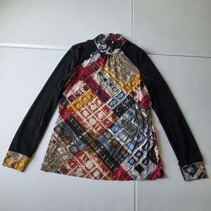 Dolcezza Blouse Womens Medium Multicolor Geometric Jersey Mock Neck Sheer Sleeve